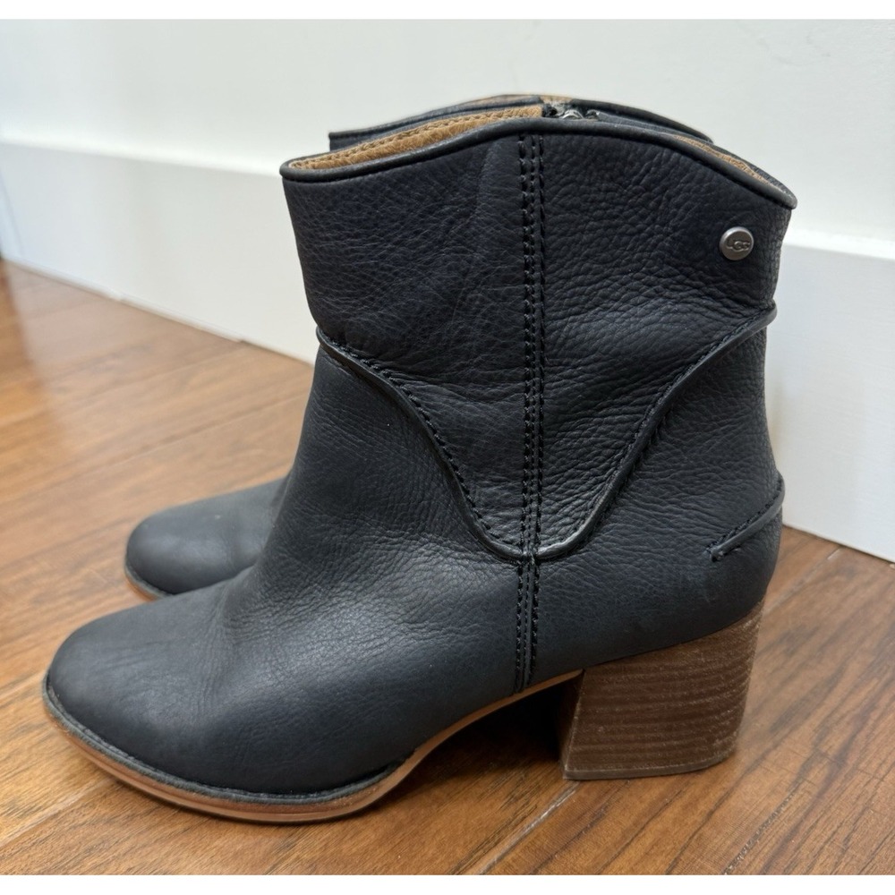 UGG Black Leather Block Heel Ankle Boots